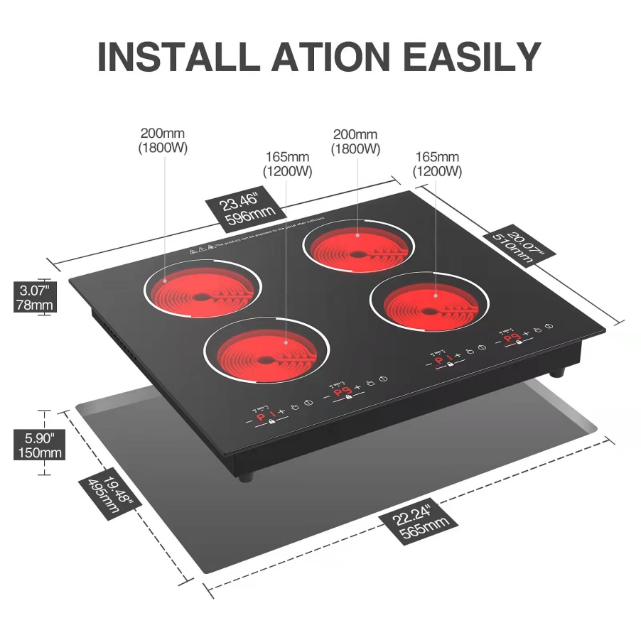 Electric Cooktop 4 Burner 24 inch Electric Hot Plate for Cooking 6000w Electric Stove Top, Knob Adjustment, Timer, 220-240v, No Plug, Suitable for all Pans