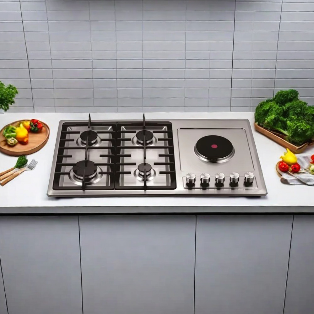 THREEMI FACTORY High Quality Built In Hybrid Gas and Electric Stove Stainless Steel Silver 5 Burner Gas Cooktop for Household